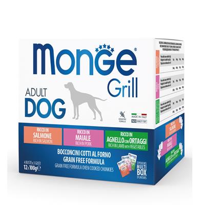 Monge Grill Dog Multi Box Adult Salmone Maiale, Agnello Ortaggi 12x